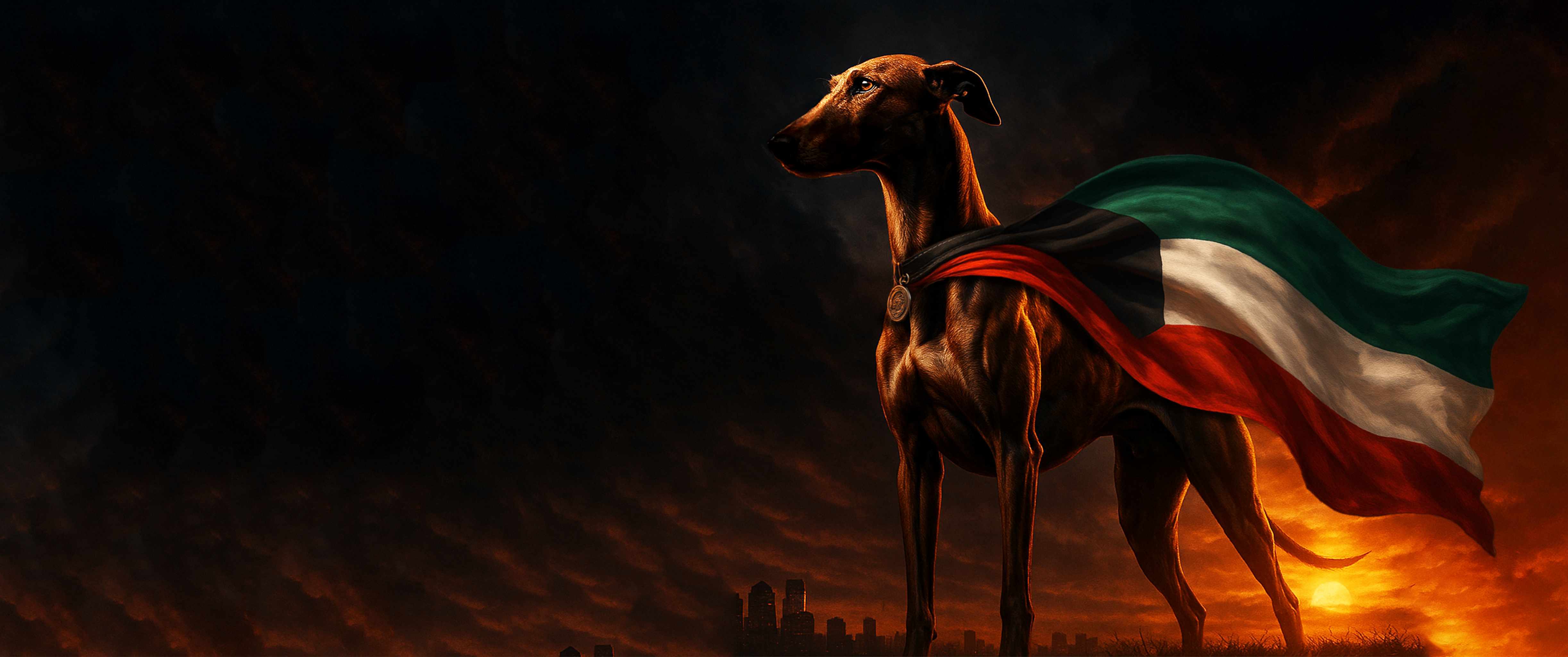 Majestic dog with Kuwaiti flag cape overlooking the skyline at sunset
